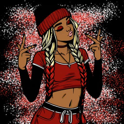 realistic teenage girl with braids and a beanie and crop top doing 🫶🏼