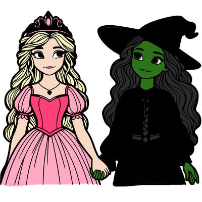 a princess and a witch holding hands realistic