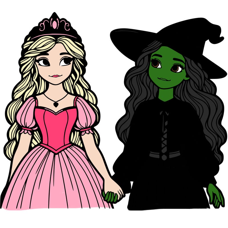 a princess and a witch holding hands realistic