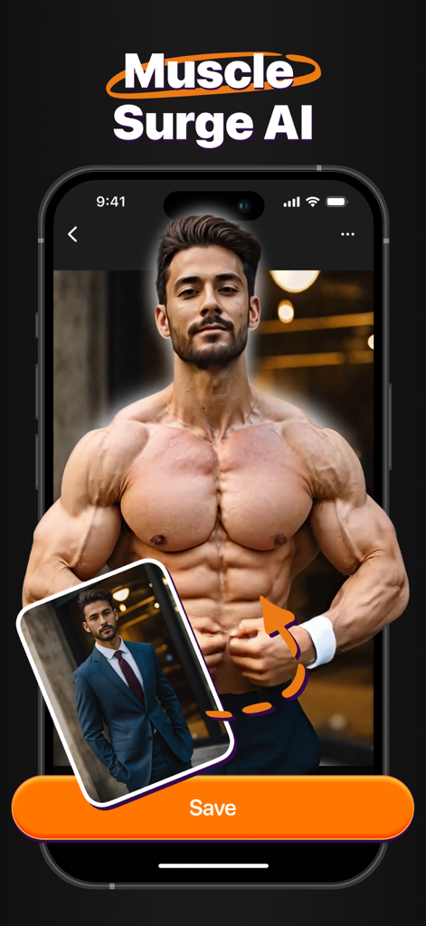 VideoVerse - AI Effects - Muscle Surge AI feature transforming a man in a suit into a muscular bodybuilder