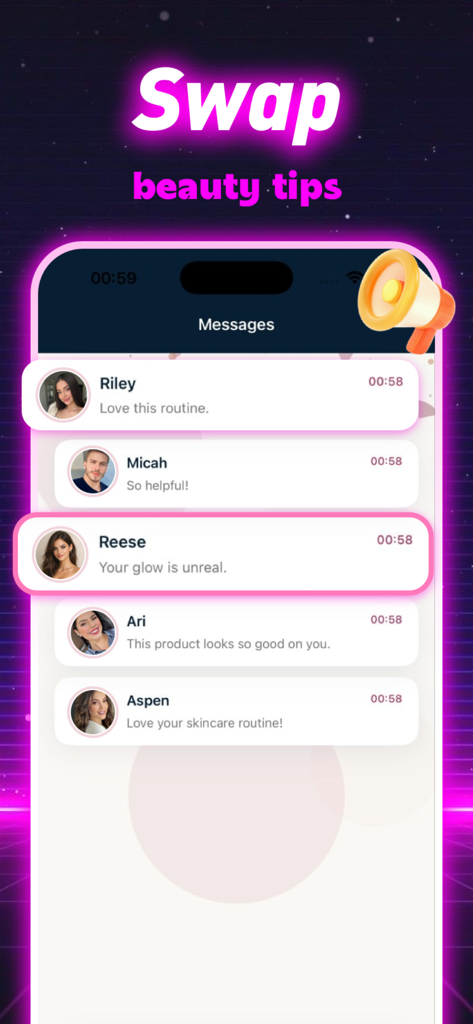 Valen app interface showing community members swapping beauty tips and sharing feedback on skincare routines