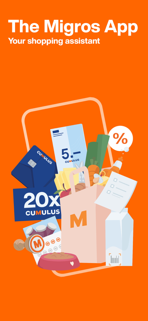 The Migros App splash screen featuring a grocery bag with loyalty cards and coupons