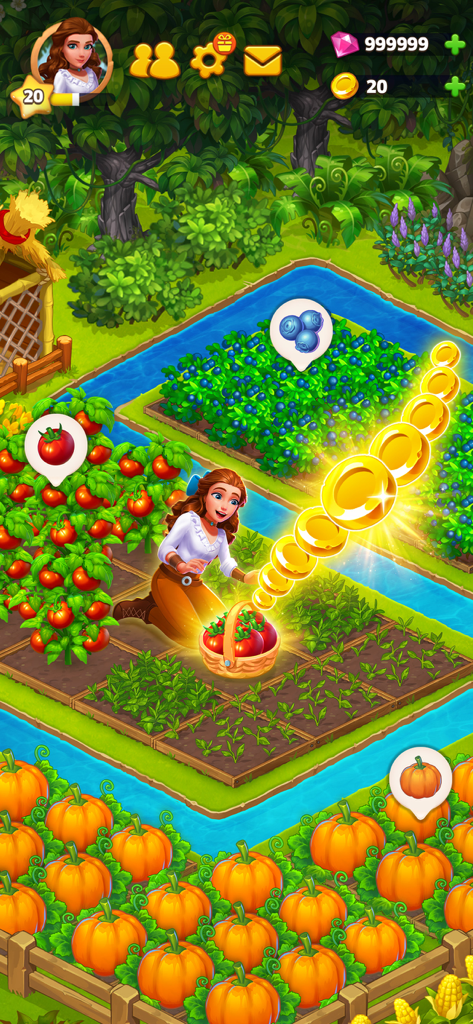 Island Hoppers: Adventure Farm - Personaje cosechando tomates en una colorida granja tropical con monedas volando como recompensa.
