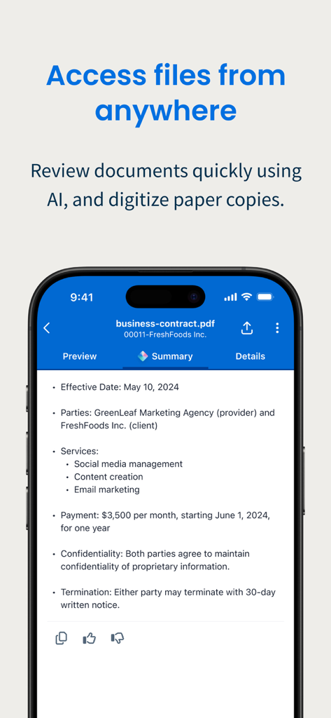 Clio for Law Firms and Lawyers - Aplicativo Clio mostrando um resumo de IA de um contrato comercial jurídico em um iPhone
