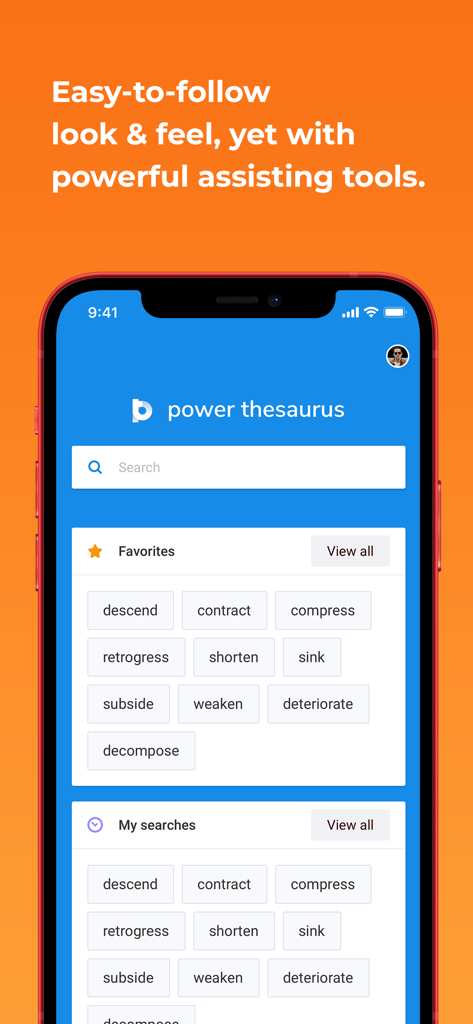 Power Thesaurus - Power Thesaurus mobile app screen displaying a clean interface with favorite words and recent searches