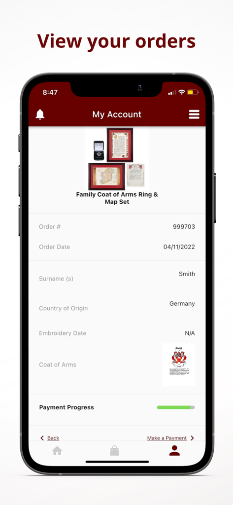 MyLineage - MyLineage mobile app screen displaying order details for a family coat of arms ring and map set with payment progress bar.
