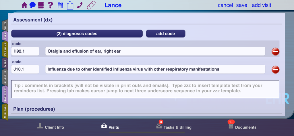Mobile Healthcare EHR - Electronic health record interface for entering medical diagnosis codes and patient assessment data on a mobile device