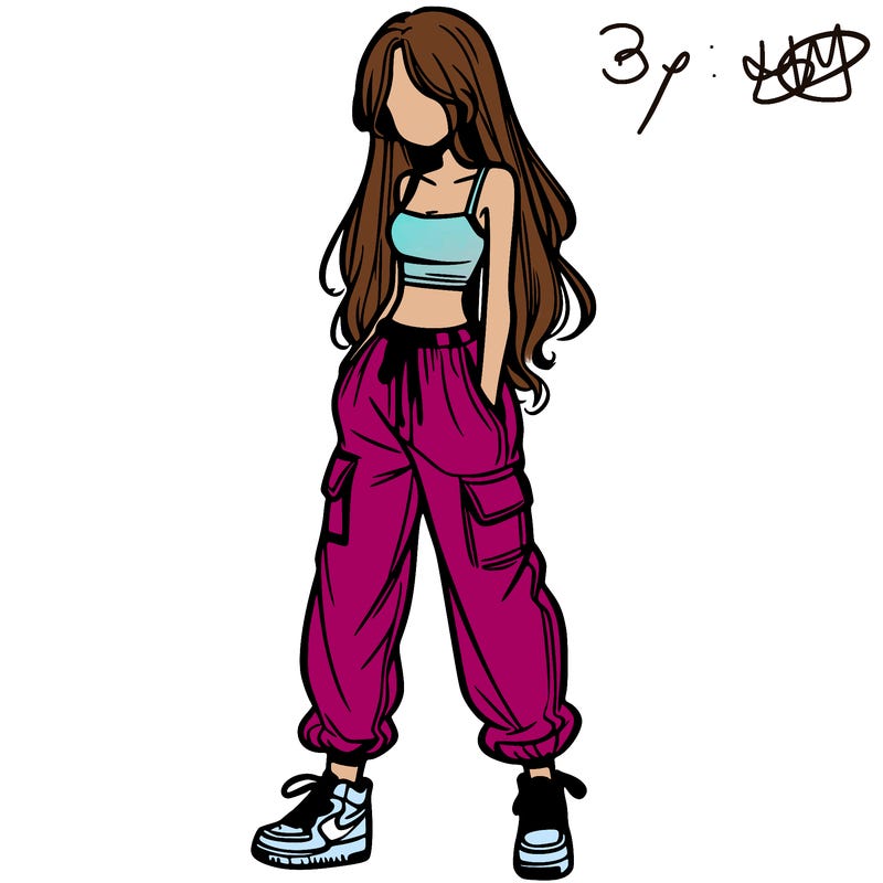 girl in baggy pants crop top and long hair