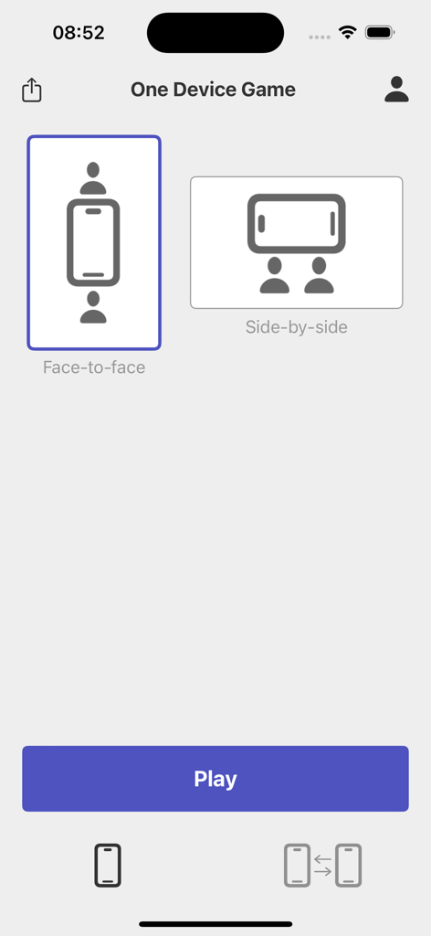 Pantalla de la aplicación Ajedrez sin conexión para configurar una partida de un dispositivo con opciones de juego cara a cara o uno al lado del otro