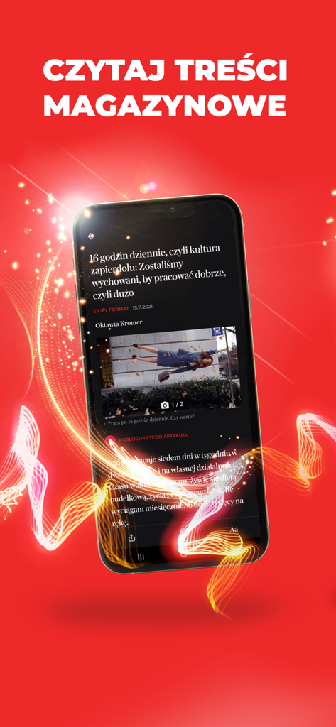 WYBORCZA: fakty, newsy, opinie - WyborczaアプリのDuzy Formatマガジンセクションからの深掘り調査記事を表示するスマートフォン。