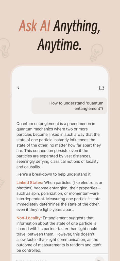 Una pantalla móvil que muestra al asistente de IA de Noolingo explicando un concepto complejo como el entrelazamiento cuántico