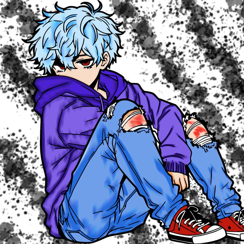 a male hoddie ripped jeans messy hair anime