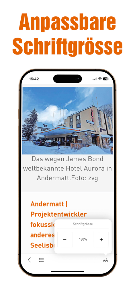 Urner Wochenblatt ePaper - Smartphone-Bildschirm der Urner Wochenblatt ePaper App mit einem Artikel über das Hotel Aurora und einem Popup zur Anpassung der Schriftgrösse auf 180 Prozent.