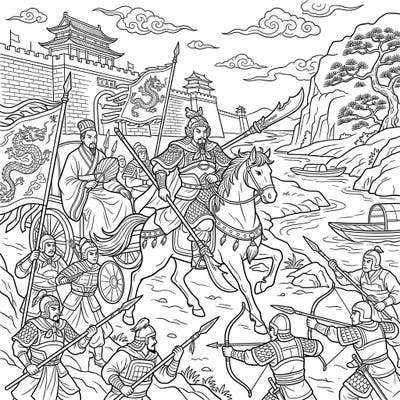 Unleash your creativity with this intricate coloring page depicting a dramatic scene from China's legendary Three Kingdoms Period. Bring to life the heroic generals, fierce warriors, and ancient landscapes of this turbulent era.