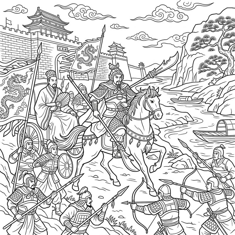 Unleash your creativity with this intricate coloring page depicting a dramatic scene from China's legendary Three Kingdoms Period. Bring to life the heroic generals, fierce warriors, and ancient landscapes of this turbulent era.