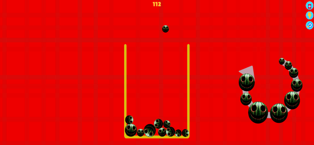 Gameplay of Horror Watermelon Game Merge showing creepy fruit with scary faces inside a container against a solid red background.