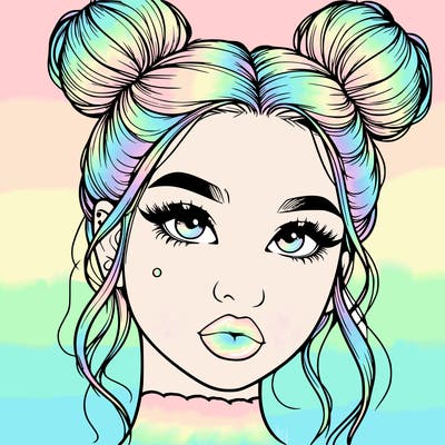 realistic girl with two buns on her hair and lips