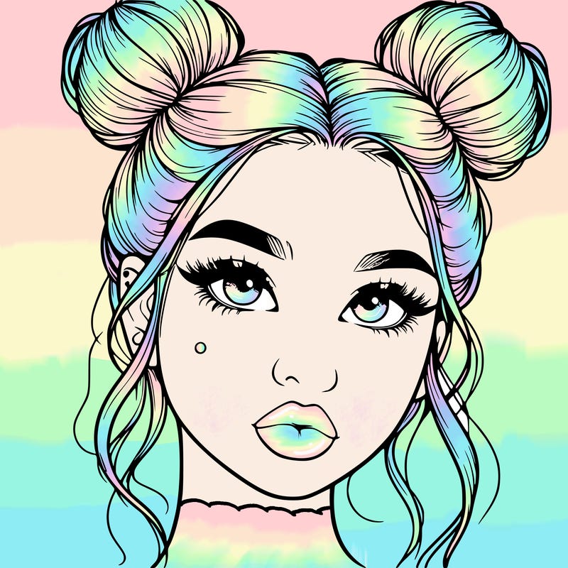 realistic girl with two buns on her hair and lips