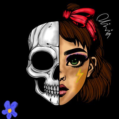 realistic girl with half skull mask