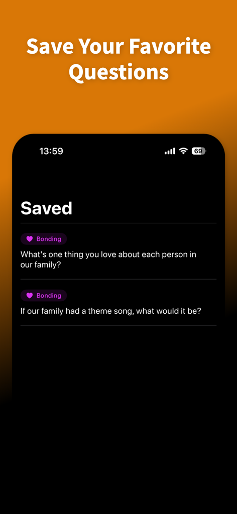 Amber - Cards for Families - Amber app screen showing saved family conversation cards under the bonding category
