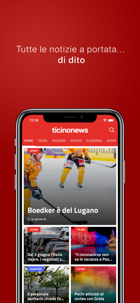 TicinoNews - TicinoNews app interface on a smartphone showing news categories and articles in Italian