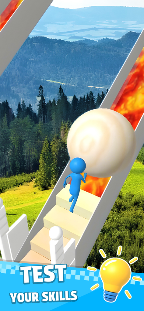 Bridge Race - Personaje azul empujando una gran esfera blanca por unas escaleras en Bridge Race