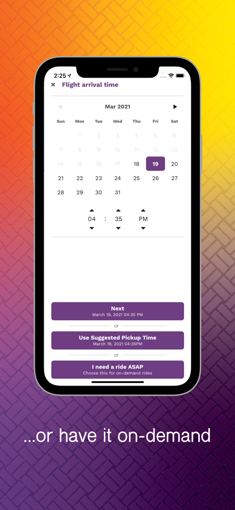 holoholo Mobility - holoholo Mobility app showing flight arrival time scheduler and on-demand ride options