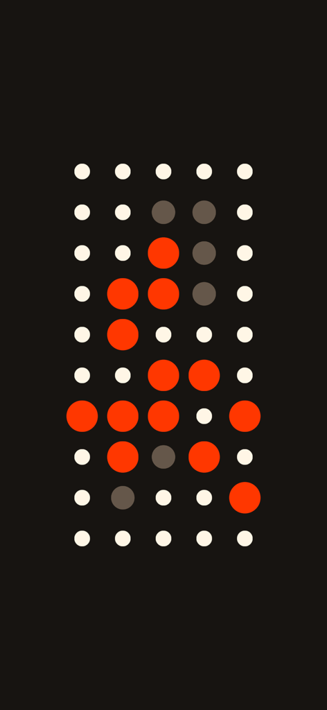 Una cuadrícula minimalista de puntos blancos, grises y rojos sobre un fondo oscuro que ilustra la mecánica del juego de rompecabezas Bruto