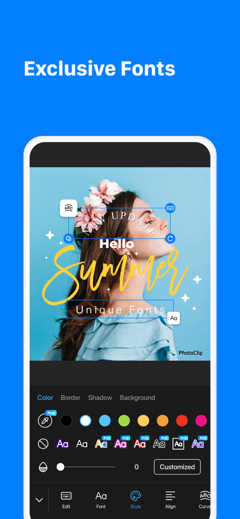 PhotoClip:AI Background Eraser - Mobile app interface showing exclusive fonts and text editing tools over a portrait photo