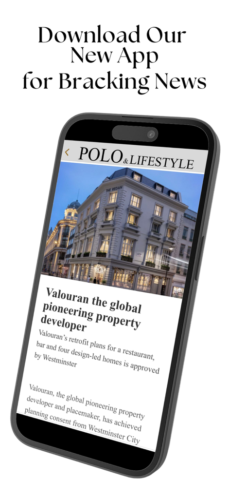 POLO & Lifestyle Magazine - iPhone affichant l'application POLO et Lifestyle Magazine avec un article d'actualité sur l'immobilier de luxe
