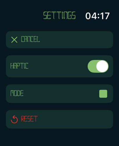 Snake Watch Classic - Settings screen of Snake Watch Classic showing haptic and reset options.