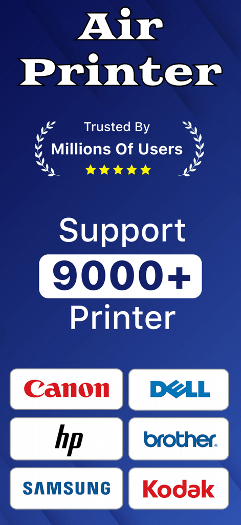 Printer App:Smart Print & Scan - Graphique montrant que Printer App prend en charge plus de 9000 modèles d'imprimantes, y compris Canon, HP et Brother
