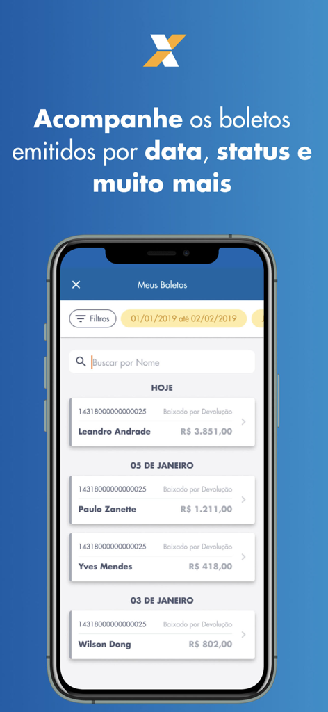 Interface móvel do aplicativo ECobrança CAIXA mostrando uma lista de boletos com status de pagamento e valores.