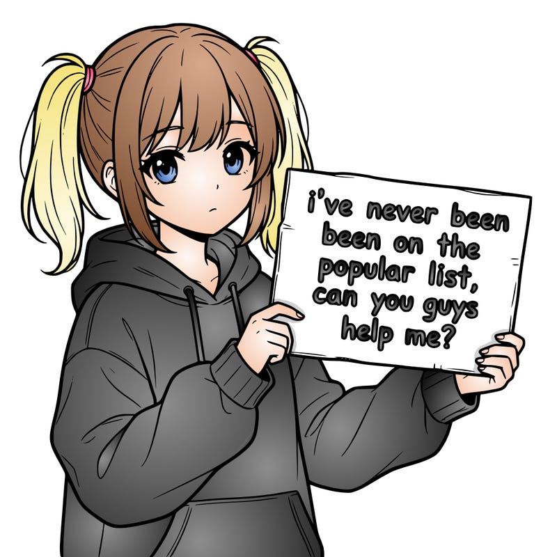 a cute anime girl with a sign saying  i’ve never been on the popular list, can you guys help me?