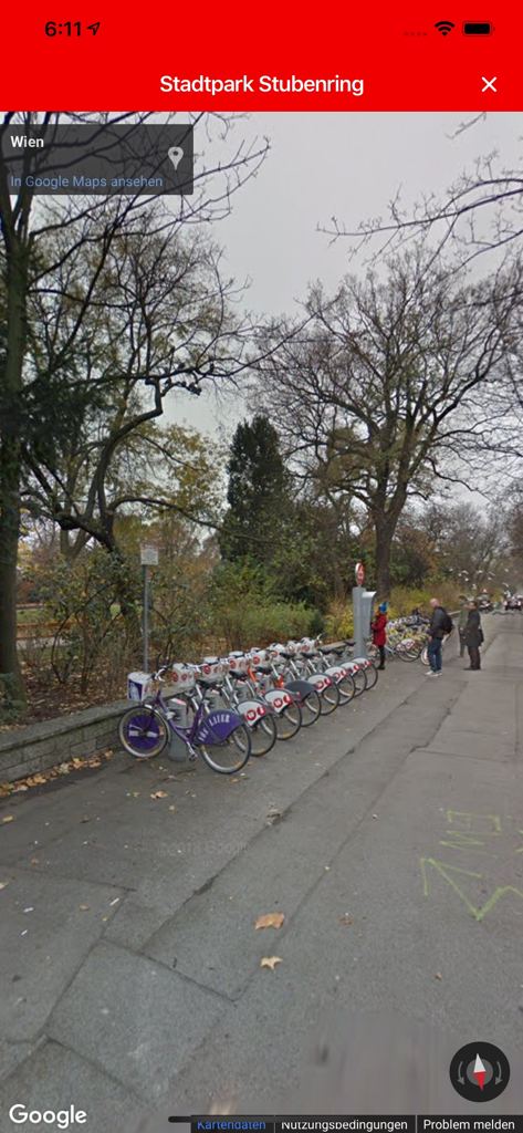Citybikes Vienna - Google Street View einer Citybikes Wien Station am Stadtpark Stubenring
