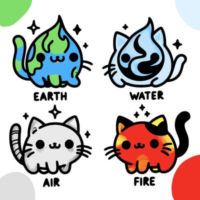 4 cats that represent the different elements, earth, water, air, and fire