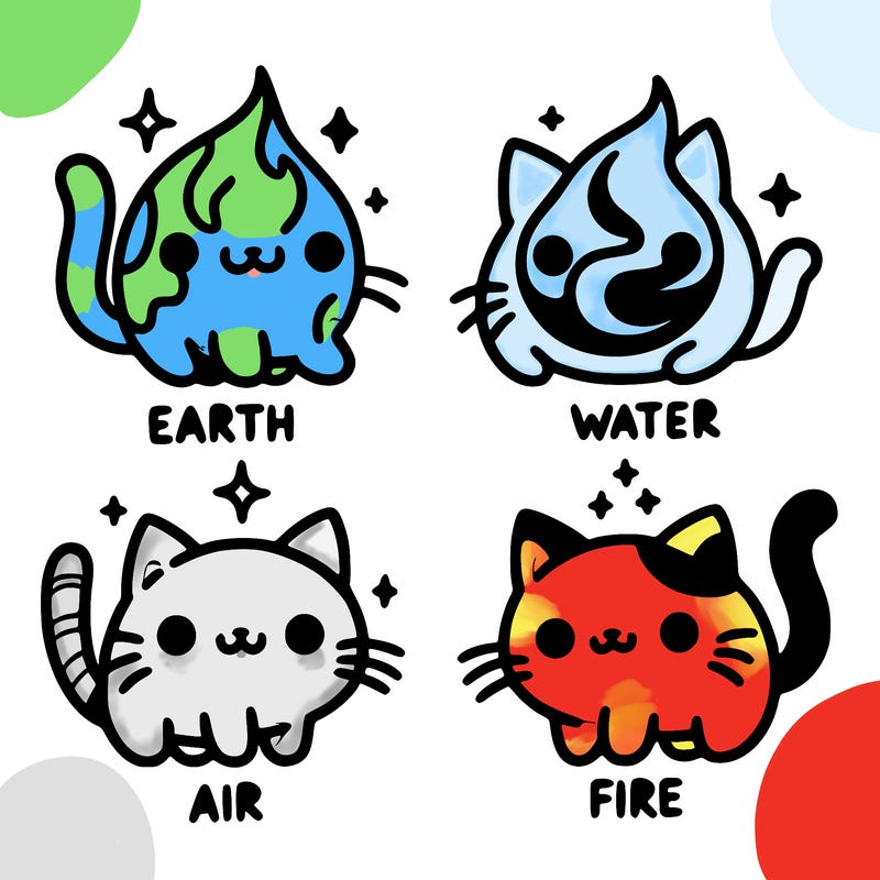 4 cats that represent the different elements, earth, water, air, and fire