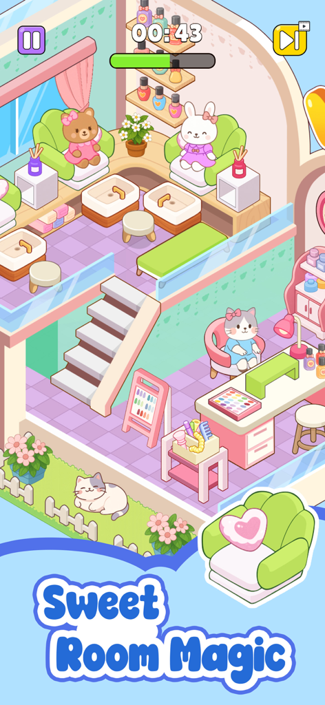 Dream Room Decor - Un acogedor salón de belleza animal de dos pisos con decoración pastel y lindos personajes en la aplicación Dream Room Decor.