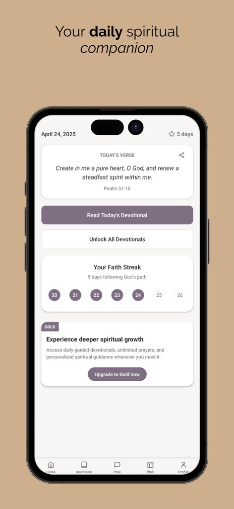 Faithly: Devotional & Prayer - Interface of the Faithly app featuring a daily Bible verse and spiritual growth tracker