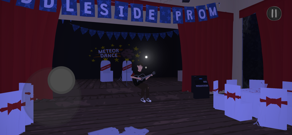 ゲーム「Nocturnals」で、Ruddleside Promのバナーがある暗いステージでギターを弾いているキャラクター