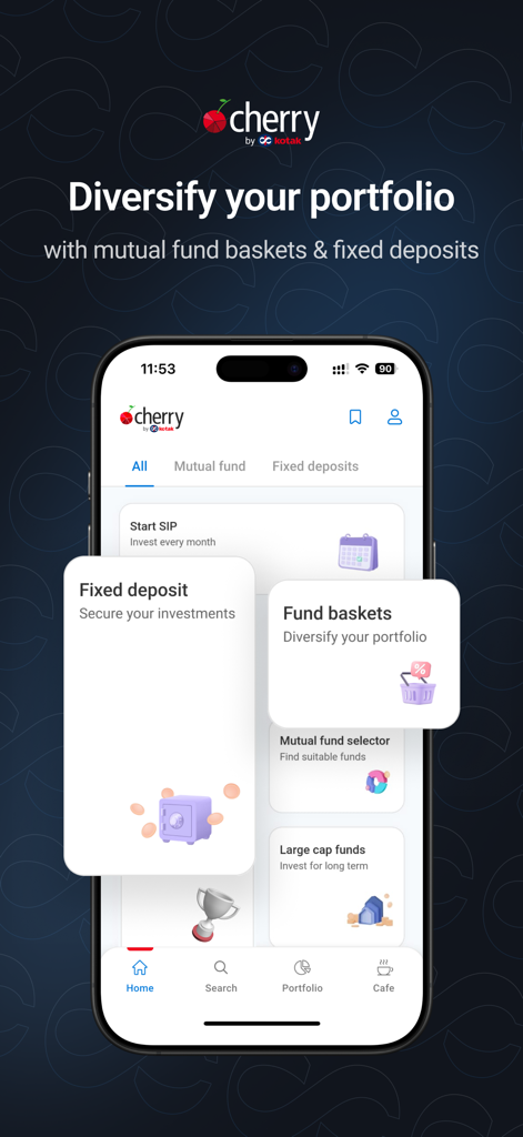 Kotak Cherry: MFs, SIPs - Kotak Cherry app screen displaying investment options for mutual fund baskets fixed deposits and SIPs