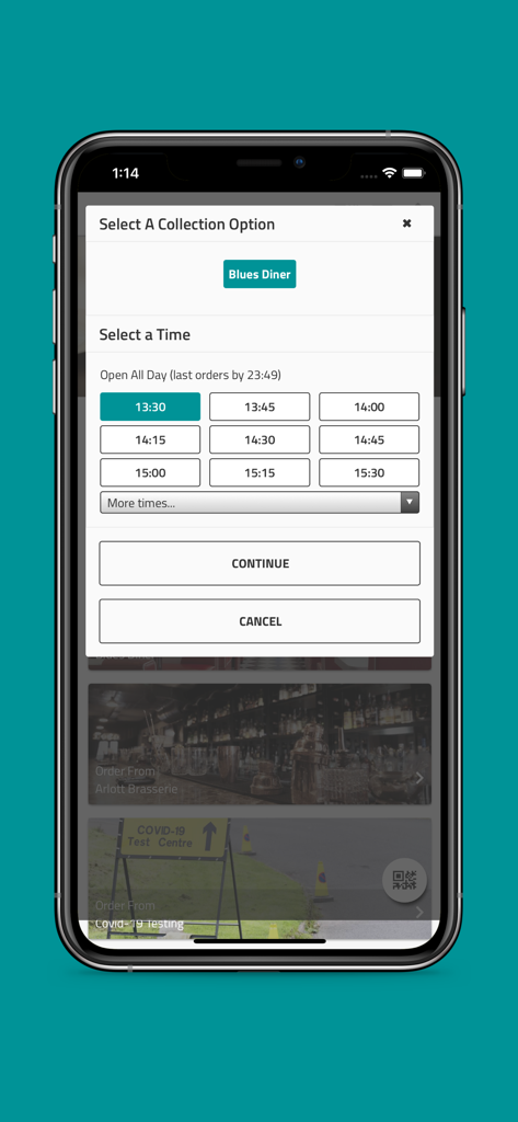 Upay - Payments & Loyalty - Upay app screen for selecting a food collection time at Blues Diner