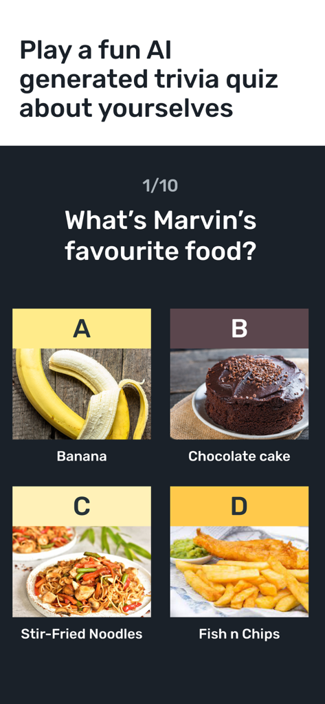 Deckle: Event games - Deckle app AI trivia quiz question screen showing multiple choice food options