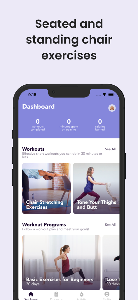 Chair Exercises & Workouts - An iPhone displaying the dashboard of the Chair Exercises app with seated and standing workout categories