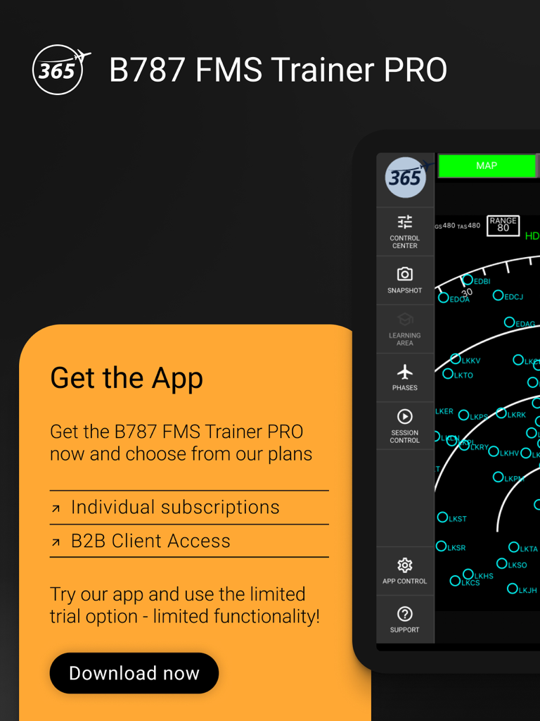 B787 FMS Trainer PRO - B787 FMS Trainer PROアプリのダウンロードとサブスクリプションオプション画面。