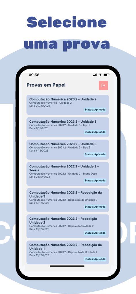 Multiprova Corretor - Smartphone screen showing a list of academic exams in the Multiprova Corretor app interface.