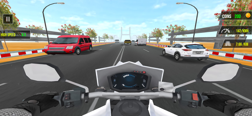 SpeedTrail3D :Moto Bike Go - First-person view of a motorcycle racing through highway traffic in SpeedTrail3D
