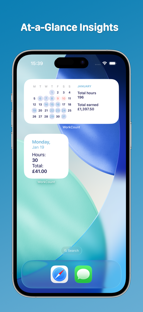 WorkCount - Shift Calendar - Pantalla de inicio del iPhone que muestra los widgets de WorkCount con el horario de turnos y el resumen de ganancias