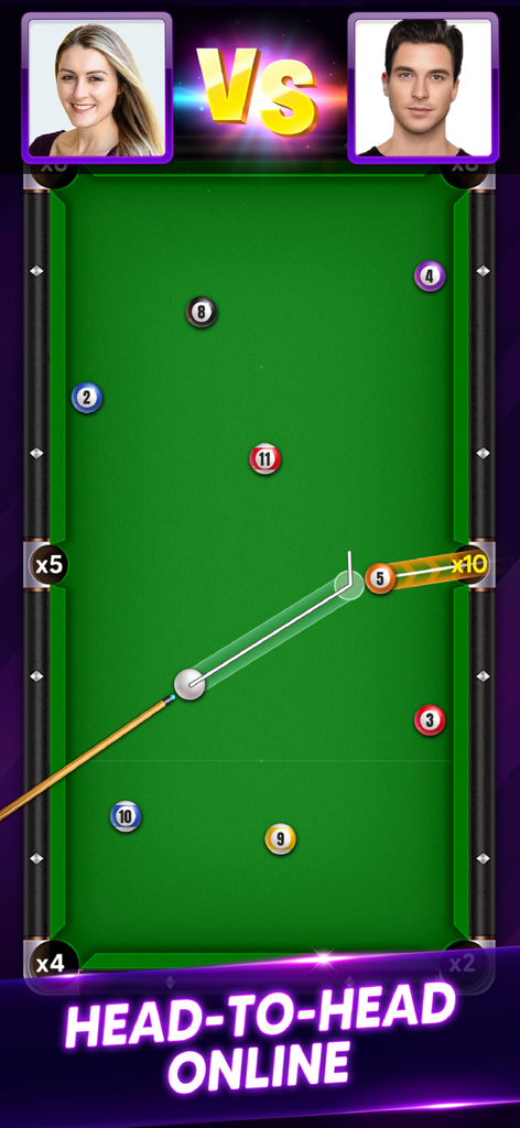 Una partida de pool online 1 contra 1 en Pool Clash mostrando a un jugador apuntando a una bola de billar.