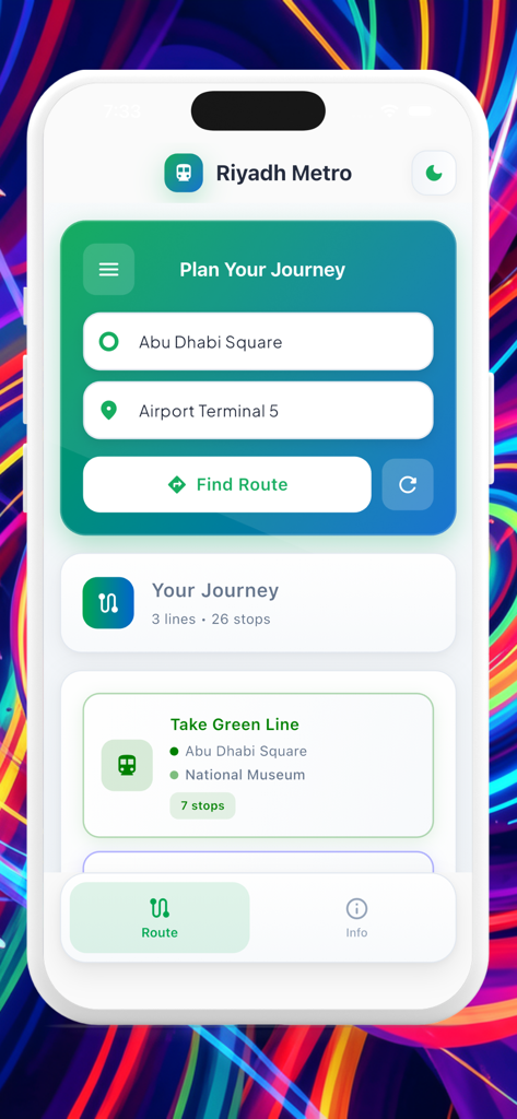 La interfaz de la aplicación Riyadh Metro muestra la planificación de rutas desde Abu Dhabi Square hasta el aeropuerto